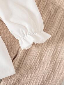 2 件套女婴秋季新款服装，翻领长袖针织拼接二合一衬衫和喇叭针织裤，时尚休闲可爱百搭套装 - 卡其色 - 查看 4