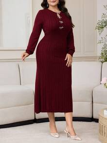 Modelyn Váy len cổ khoét lỗ trang trí nơ thanh lịch cỡ lớn, mùa thu/đông - Màu Đỏ Sâu - Xem 6