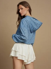 WESTFADE Áo hoodie tay dài dáng ngắn in hình ngôi sao, chất liệu vải French Terry mài bạc, viền phồng, kiểu dáng thường ngày, dễ thương, phong cách boho mùa thu, áo kiểu cao bồi, trang phục miền Tây đồng quê. - Màu xanh lam - Xem 2