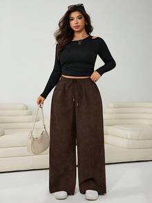 Solflare Relaxed Fit Coffee Brown Corduroy Wide Leg Plus Size Long Pants With Drawstring Waist And Pockets Comfy Pants Brown Pants Corduroy Pants Wide Pants Loose Pants
