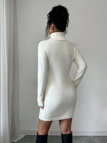 Rafferiza Elegant Women's Off-White Autumn Sweater Dress,High-Neck Long-Sleeved Woolen Diamond-Studded Cinched Waist Dress For Dinner Date Christmas Casual - Beige - View 2