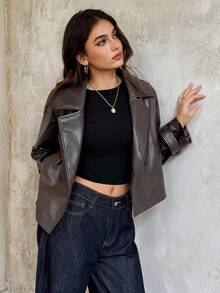 SHEIN Unity 女士新款时尚复古休闲宽松翻领长袖双排扣 PU 皮夹克外套 - 棕色 - 查看 2