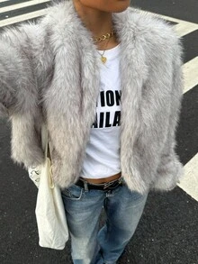 SHEIN EZwear 女士浅灰色长袖休闲羽绒服，秋冬时尚女装 - 淺灰色 - 查看 3