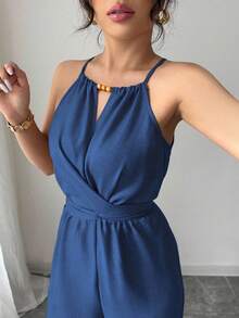 SHEIN PETITE Women's Casual Khaki Crinkle Fabric Halter Neck Beaded Design Waist Button Tie Jumpsuit, Spring/Summer - Blue - View 5