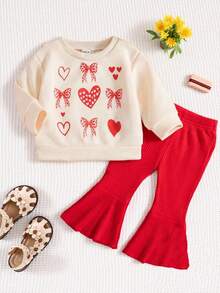 SHEIN Playful Pals 女婴万圣节印花罗纹喇叭裤 2 件套，秋季 - 紅色 - 查看 1