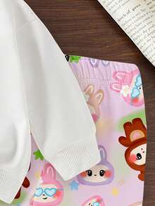 SHEIN 1 套女婴休闲可爱卡通兔子印花圆领运动衫和印花运动裤套装，秋冬 - 彩色 - 查看 7