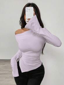 Zielony Scoop Neck Asymmetrical Neck Asymmetrical Hem Knit T-Shirt, Cinched Waist Fall Cloth For Women - Mauve Purple - View 6