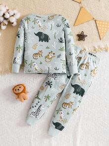 SHEIN 2 件套小男孩蜘蛛与超级英雄印花紧身圆领长袖 T 恤和柔软舒适睡裤，秋冬家居服套装 - 彩色 - 查看 2