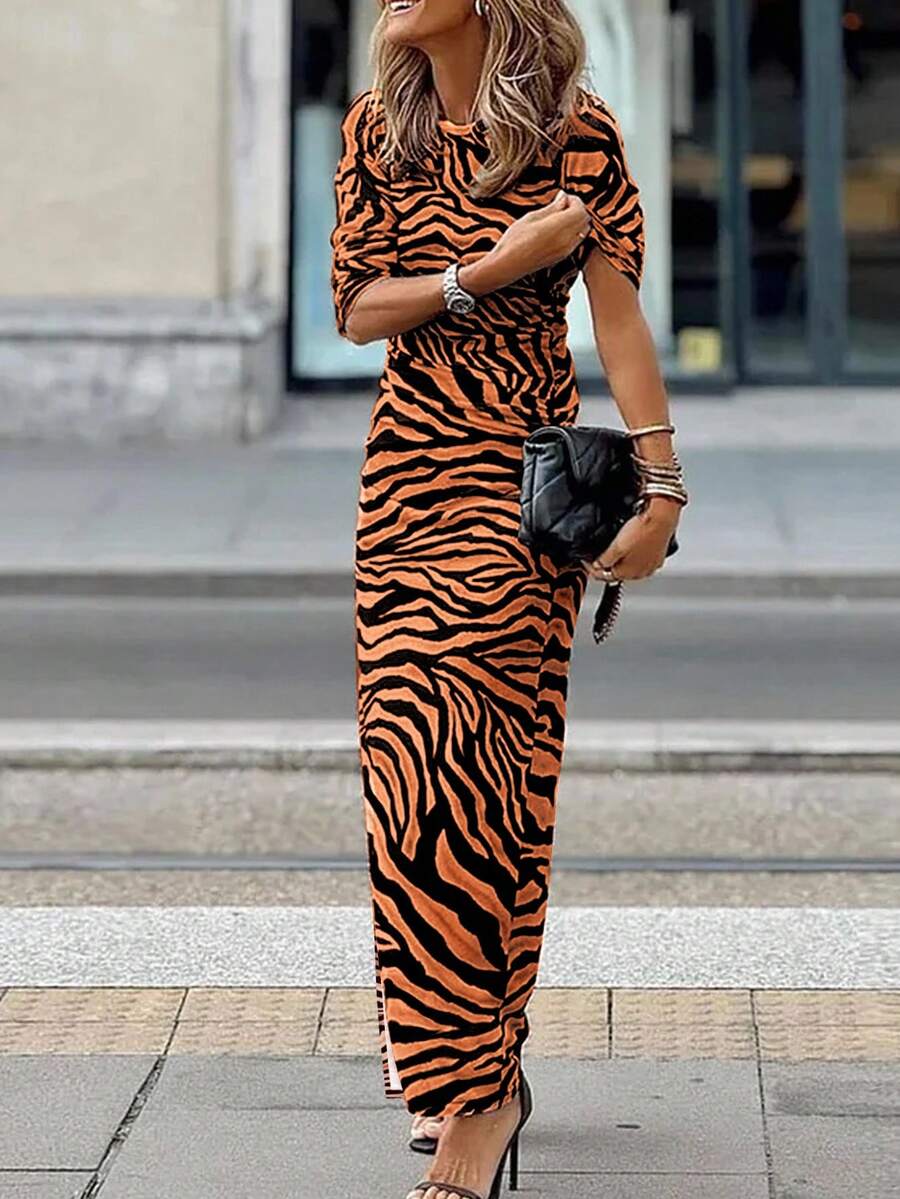 EMERY ROSE Women's Zebra Print Bodycon Dress, Elegant Resort Style Fall Cloth For Women