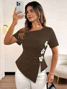 Vionelle 大码女童休闲3D花卉荷叶边腰部不对称下摆短袖T恤 - 咖啡棕 - 查看 4