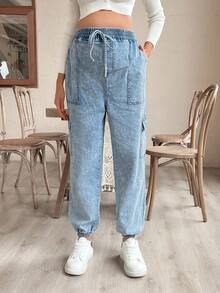 SHEIN 孕妇休闲松紧腰锥形牛仔裤 - 淺色水洗藍 - 查看 1