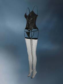 4 件拉链 PU 皮革拼布修身紧身胸衣上衣，朋克服装派对俱乐部服装，性感女式紧身胸衣，适合音乐节 - 黑色 - 查看 4