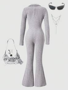 Sparklyn Teen Girl Gray Ribbed Knit Long Sleeve Cardigan Jumpsuit Fall Winter - Grey - View 2