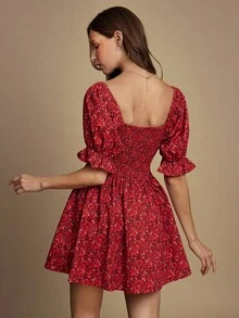 WESTFADE 同色系花卉印花方领荷叶边泡泡袖迷你娃娃裙可爱秋季女装乡村音乐会服装 - 紅色 - 查看 2