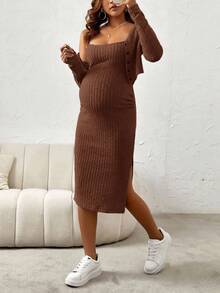 SHEIN 2pcs Maternity Solid Color Long Sleeve Top And Dress Set