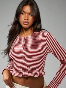 MISSGUIDED Ruched Crop Button Up Top Long Sleeve Casual Fitted Peplum Waist Holiday Resort Beach Travel Classic Striped Spring Summer Top Christmas - Burgundy - View 6