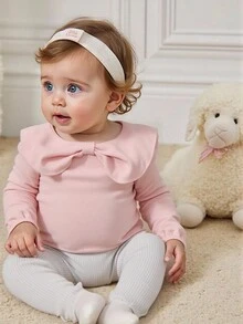 SHEIN 2 件套，6 个月至 3 岁女童秋季服装休闲风格套装，纯色，长袖上衣和长款基本款裤子 - 粉色 - 查看 8
