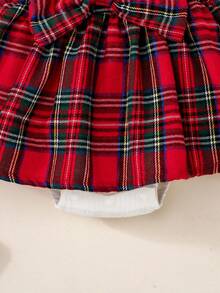 SHEIN Playful Pals Baby Girls' Cute & Christmas Vibe Bodysuit With Long Sleeves And Headband Decor Christmas Plaid Set Fall Winter