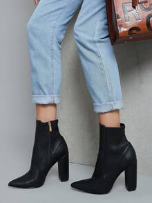 Hauture Pointed Toe Side Zip Chunky Heel Sock Booties Spring Shoes Spring Break Easter For Christmas