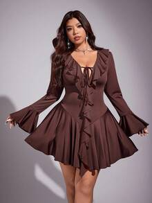 Viva Relle Elegant Waist Cinching Ruffle Hem Tie Front Plus Size Dress