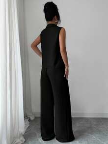 Rafferiza 2pcs/Set Women's Fashionable Casual V-Neck Sleeveless Top And Loose Distinctive Belt Decor Straight Leg Pants, Spring/Summer - Black - View 2