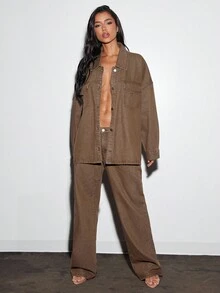 Denimoi Long Sleeve Button Front Collared Washed Denim Top - Brown - View 2