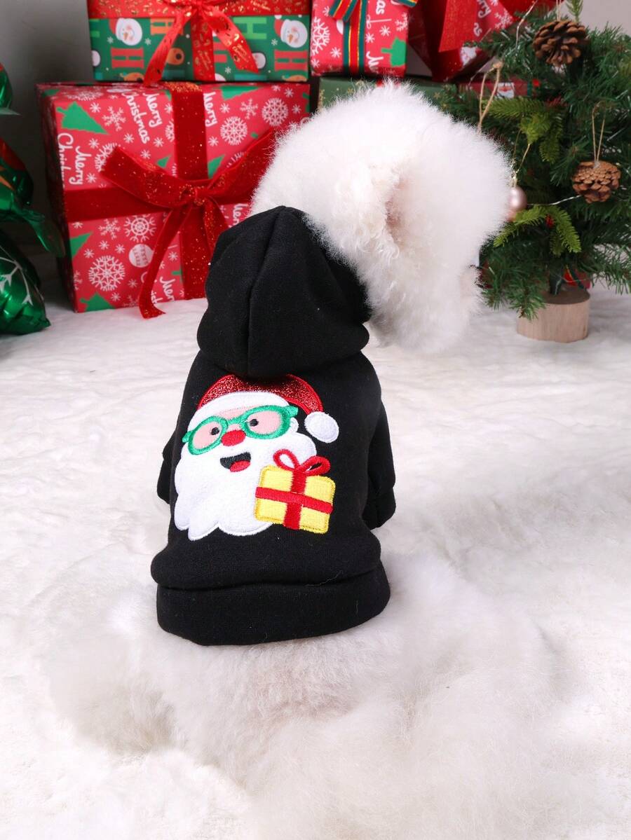 PETSIN 1 件猫狗通用衣服，刺绣胡子老人圣诞连帽衫，秋冬温暖舒适服装 - 黑色 - 查看 1