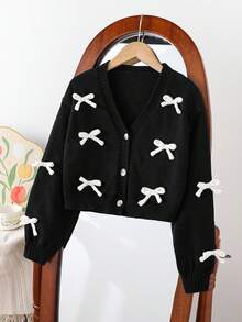 SHEIN Cárdigan de punto con lazo 3D elegante, cálido, versátil, simple y suave, en beige, de estilo casual y chic, adecuado para el hogar, uso diario, escuela, exterior, fiestas en otoño e invierno, para niñas preadolescentes