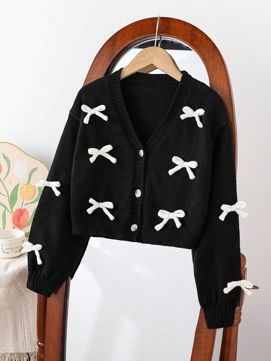 SHEIN Cárdigan de punto con lazo 3D elegante, cálido, versátil, simple y suave, en beige, de estilo casual y chic, adecuado para el hogar, uso diario, escuela, exterior, fiestas en otoño e invierno, para niñas preadolescentes