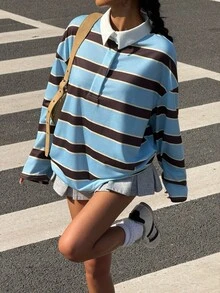 Muchica 女士休闲通勤学院风撞色条纹印花 Polo 领宽松长袖 T 恤，春秋季 - 彩色 - 查看 6