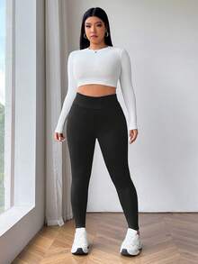 SHEIN EZwear Plus Size Women's High Waist Thick Warm Leggings For Autumn And Winter Thermal Yellow