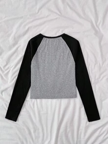 少女撞色针织圆领长袖休闲复古T恤可爱上衣紧身长袖衬衫长袖紧身衬衫上衣可爱黑灰色秋冬 - 灰色 - 查看 2