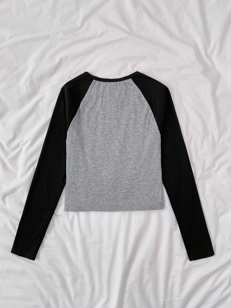 少女撞色针织圆领长袖休闲复古T恤可爱上衣紧身长袖衬衫长袖紧身衬衫上衣可爱黑灰色秋冬 - 灰色 - 查看 2