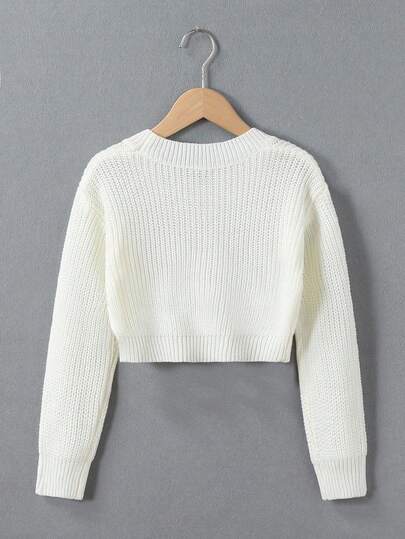 SHEIN Tween Girl White Cropped Sweater,Back-To-School Autumn Basic Casual Round Neck Drop Shoulder Long Sleeve Pullover,Teen Girls School Fall Winter Tops