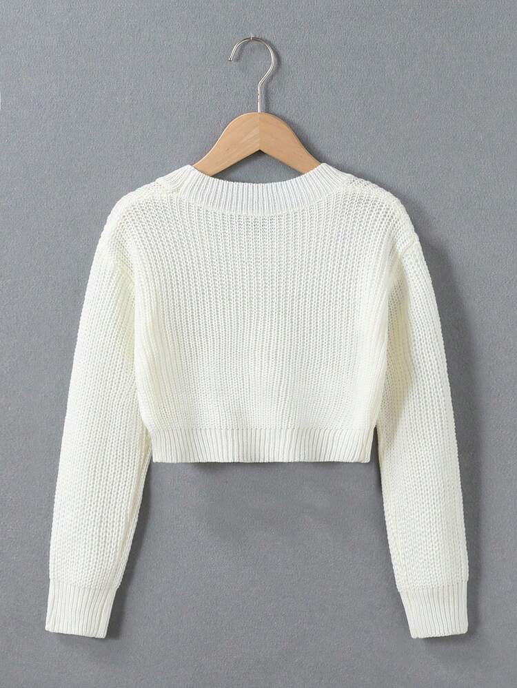 SHEIN Genkimix Kids 青少年女孩纯色圆领落肩长袖短款休闲套头毛衣 - 白色 - 查看 2