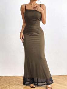 RosyDaze 女式网眼覆层吊带连衣裙长款女装 - 卡其色 - 查看 5