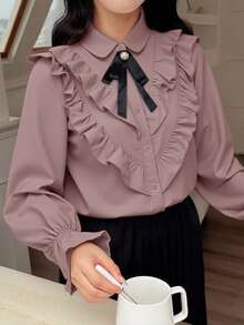 SHEIN 少女优雅宫廷风纯色彼得潘领荷叶边袖休闲长袖衬衫，粉色 - 粉色 - 查看 3