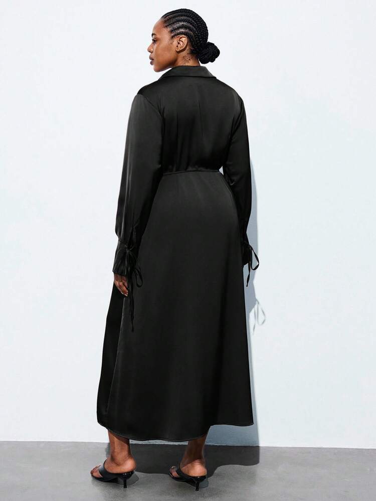 SHEIN Maija Plus Size Women's Turndown Collar Cinched Waist Waist Casual Dress, Suitable For Urban Commute, Business, Formal Occasions, Christmas, Halloween Party Satin Wrap Dress Wrap Dress Black Midi Dress Black Dress Satin Midi Dressspring To Summer Spring Outfit Womenvalentine's Day Carnival Fasching Women Costume Party Beach Wedding Vacation Casual