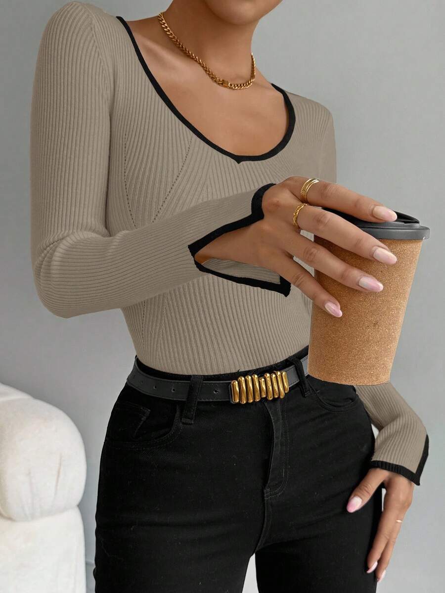 Celisse Black Trim, Slit Cuff, Casual Fitted Women Sweater - Multicolor - View 1