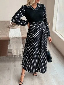 SHEIN Casual Loose Polka Dot Patchwork Long Sleeve Maternity Dress - Black and White - View 1
