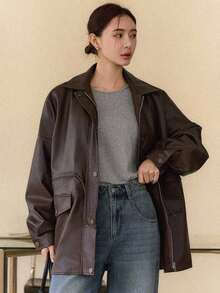 Dazy-Less Women's Loose Casual City Style Faux Leather Jacket, Autumn/Winter