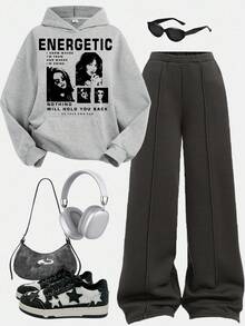SHEIN 青少年女孩休闲宽松舒适连帽运动衫和裤子套装 - 灰色 - 查看 1