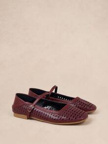 女士圆头编织+PU拼布平底一脚蹬鞋 - 酒紅色 - 查看 10