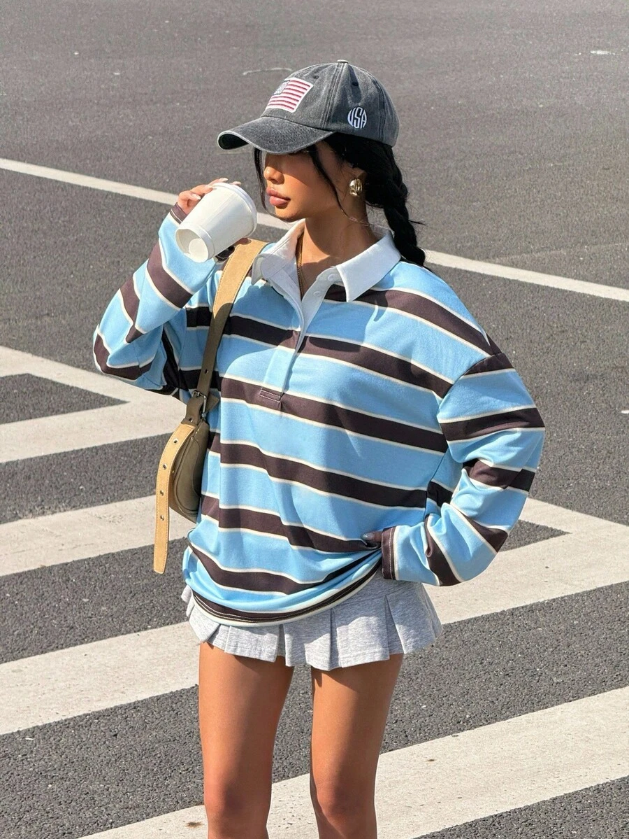 Muchica 女士休闲通勤学院风撞色条纹印花 Polo 领宽松长袖 T 恤,春秋季 - 彩色 - 查看 1
