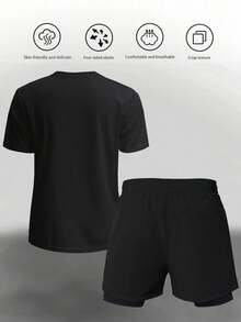 Gym Rark 男士几何印花圆领短袖T恤和短裤两件套运动套装，舒适透气，简约设计，宽松版型，适合健身训练，轻便透气，压缩衣。 - 黑色 - 查看 2