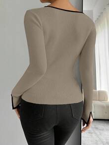 Celisse Black Trim, Slit Cuff, Casual Fitted Women Sweater - Multicolor - View 2
