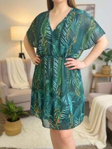 Swim Lushoire Plus Size V-Neck Plant Printed Batwing Sleeve Cover-Up, Suitable For Wearing On Beach Vacation And Swimming Pool,Summer Beach - Multicolor - View 5