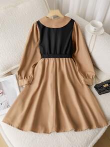 Sparklyn 女孩时尚拼色连衣裙，带腰带和纽扣细节，适合学校或休闲穿着的 A 字裙，可机洗，涤纶混纺，春夏秋季，时尚腰带连衣裙 | 闪亮面料，可爱的连衣裙 - 彩色 - 查看 2