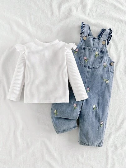 SHEIN Vintaside Kids 2 st. bekvämt och avslappnat set med ribbade, utsvängda ärmar, rund halsringning, långärmad topp och broderade volangkanter för babyflickor, lämpligt för vår, höst och vinter, vardagskläder