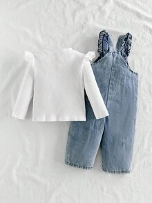 SHEIN Vintaside Kids 2 件女婴舒适休闲罗纹喇叭袖圆领长袖上衣和刺绣荷叶边围兜裤套装，适合春秋冬日常穿着 - 彩色 - 查看 2